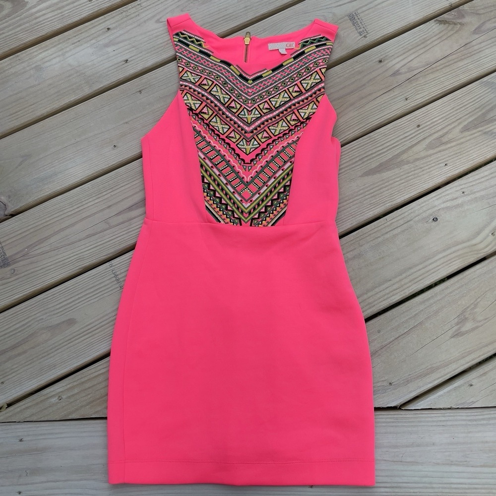Gianni Bini Bright Pink Embroidered Geometric Aztec Tribal Mini Dress Resortwear
